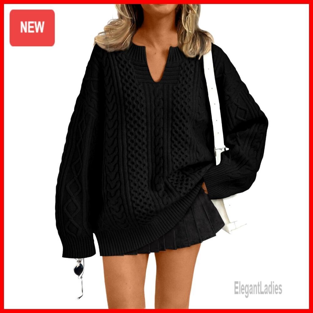 Oversized V-Neck Cable Knit Sweater Pullover Long Sleeve Winter